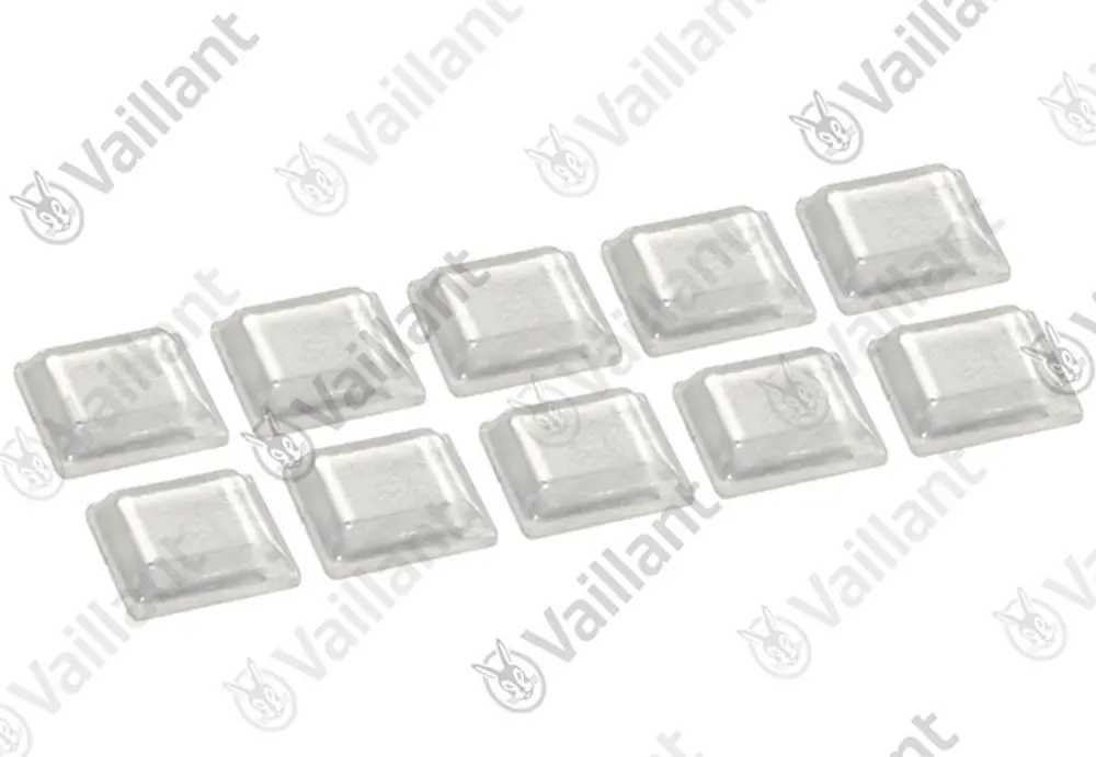 Vaillant Abstandshalter in quadratischer Form, transparent, in einer Reihe angeordnet. Zehn Stück sichtbar.